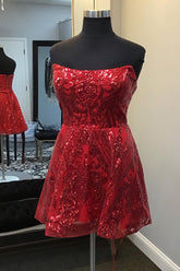 Misshow Sparkly Red Strapless A Line Corset Short Homecoming Dress/Mini Dress